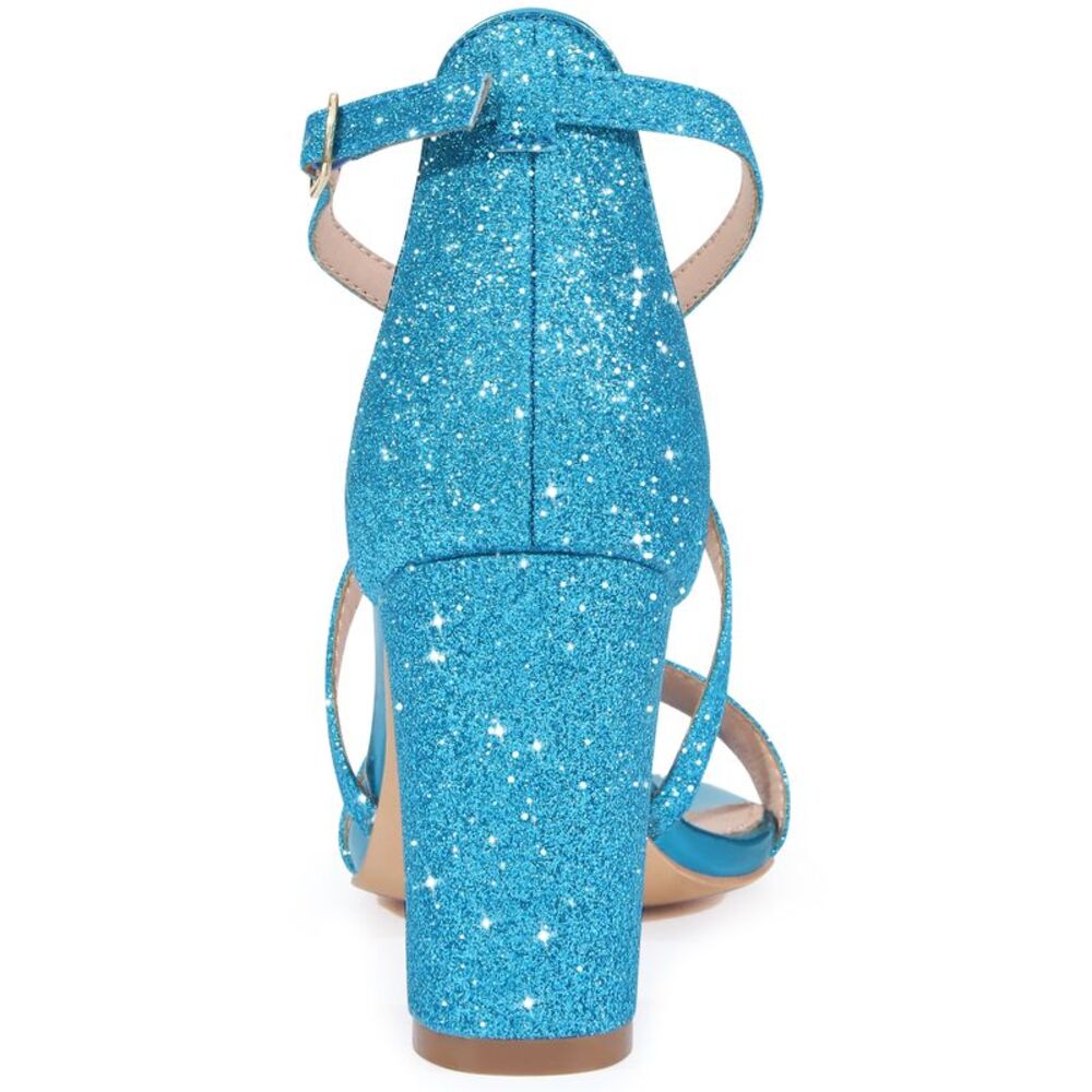 Glitter Crisscross Strap Block Heels Sandals Lake Blue - Picture 3 of 6